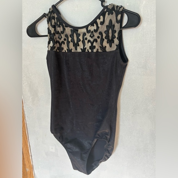 Other - Eurotard Medium Black Metallic Leotard with Mesh Flocked Overlay & Keyhole Back